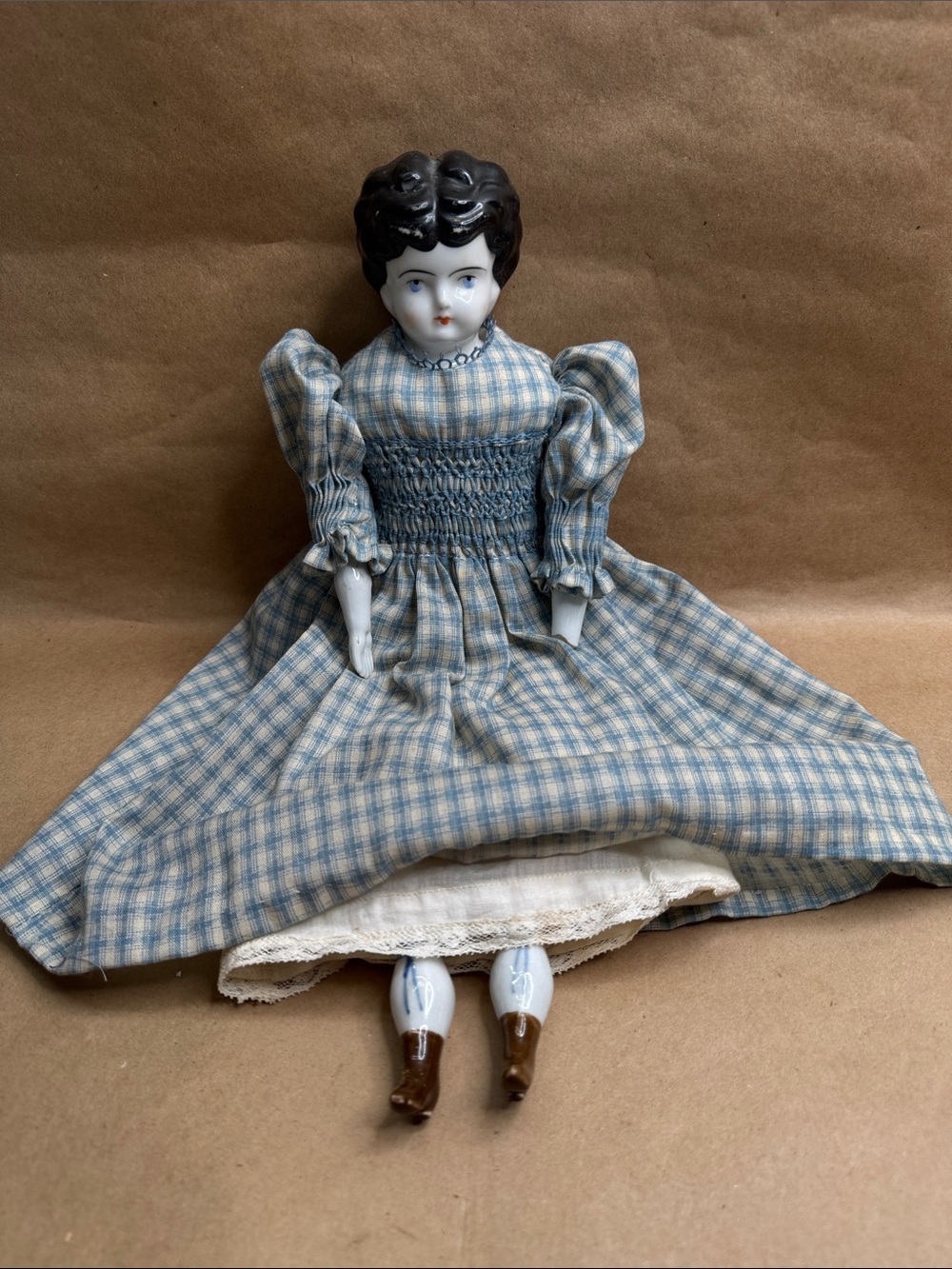 Vintage/Antique Blue Plaid German Porcelain China Doll with Smocked Bodice READ